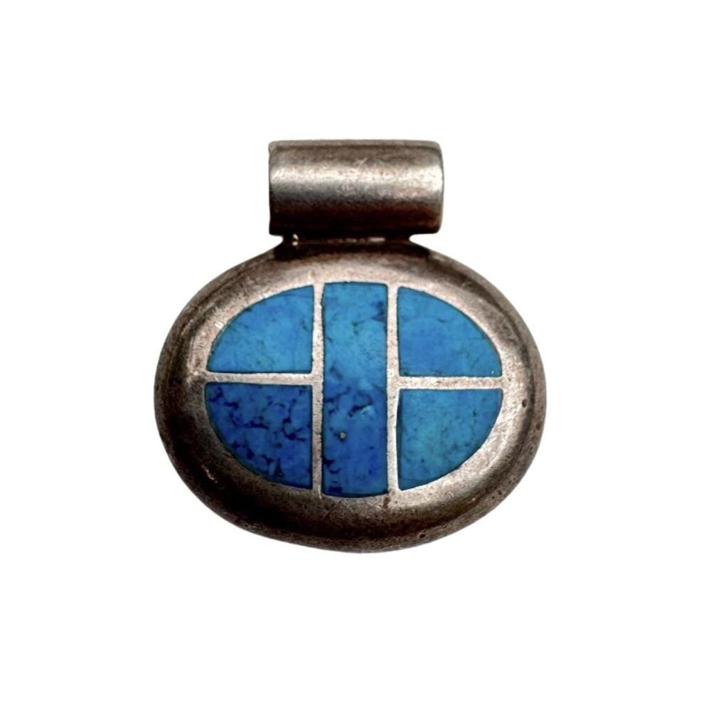 Vintage Sterling Silver Crushed Blue Stone Inlay Pendant - 13 grams